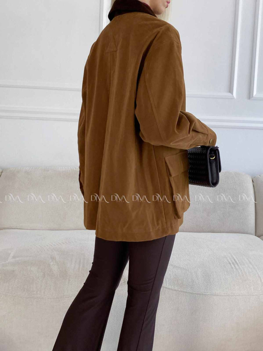 Bunda z brúsenej koženky s menčestrovým golierom camel A 95