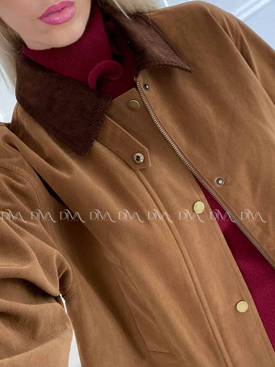 Bunda z brúsenej koženky s menčestrovým golierom camel A 95