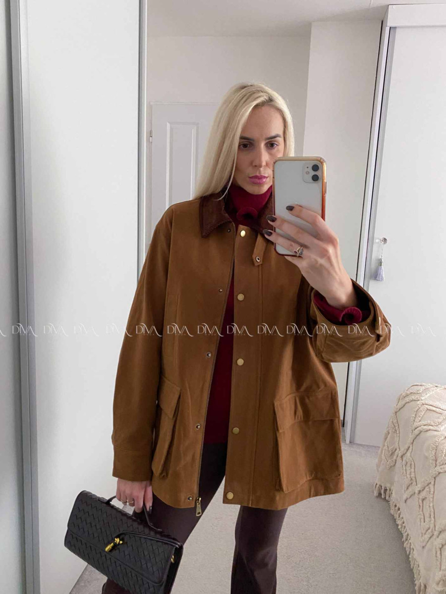 Bunda z brúsenej koženky s menčestrovým golierom camel A 95