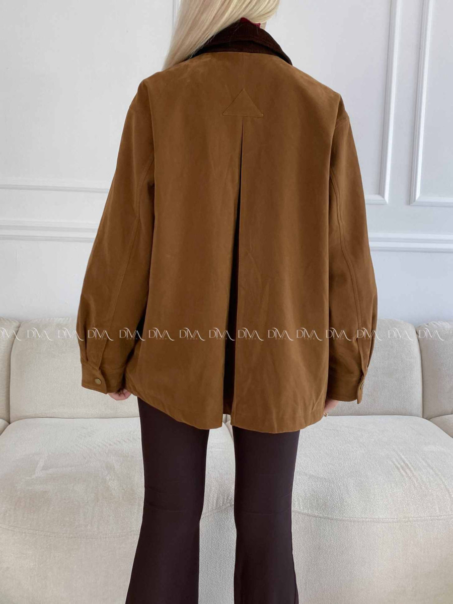 Bunda z brúsenej koženky s menčestrovým golierom camel A 95