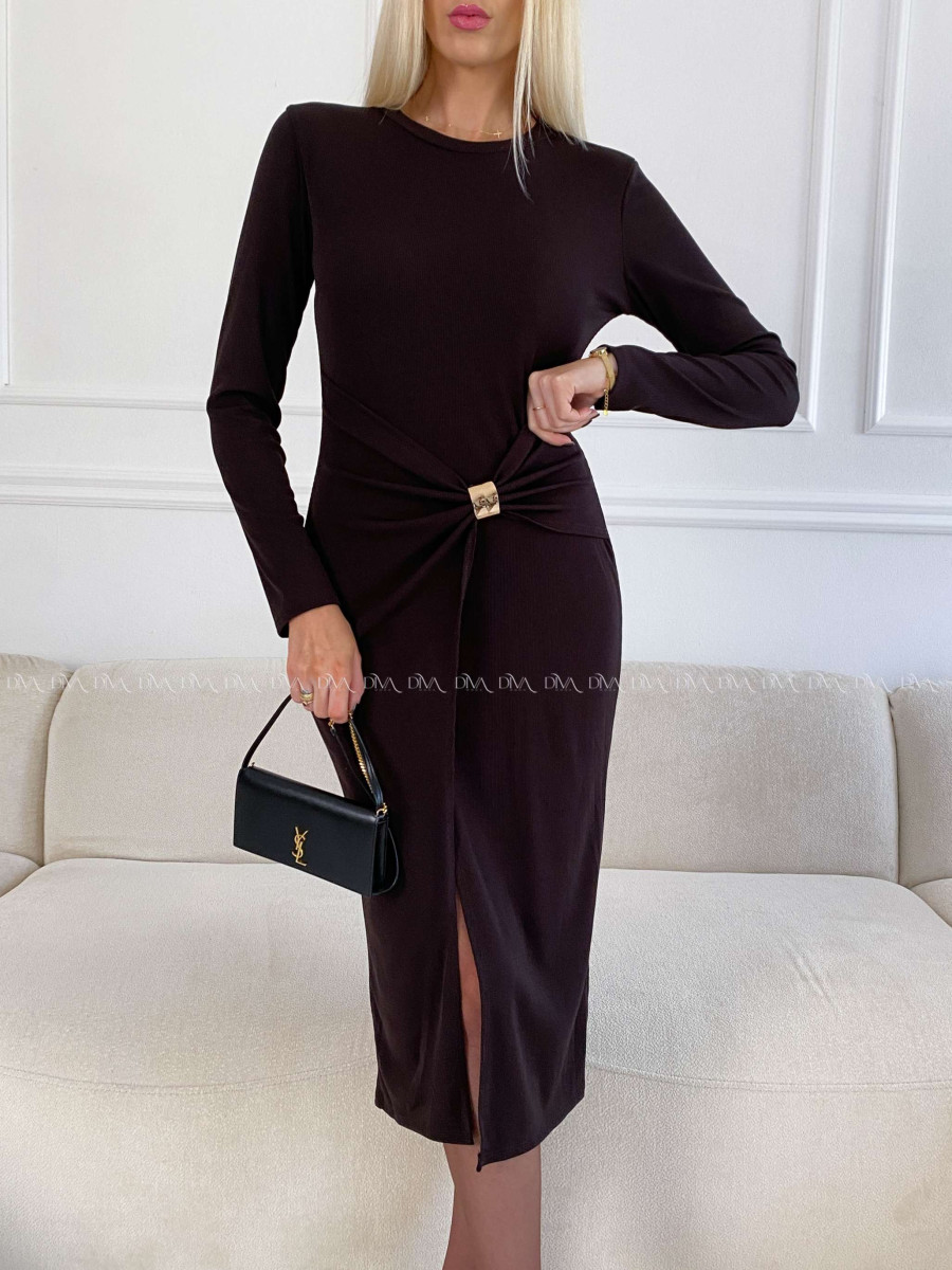 Rebrované midi šaty so sponou Elis čokoládové A 111