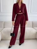 Komplet nohavice + crop sako burgundy A 112
