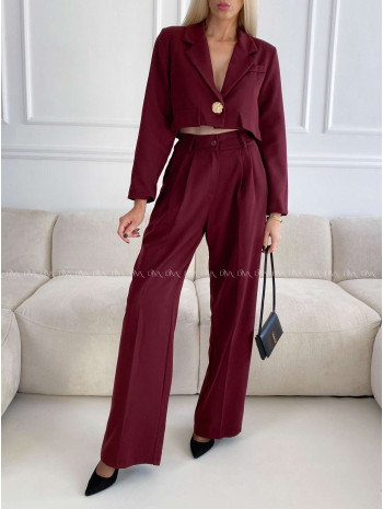 Komplet nohavice + crop sako burgundy A 112