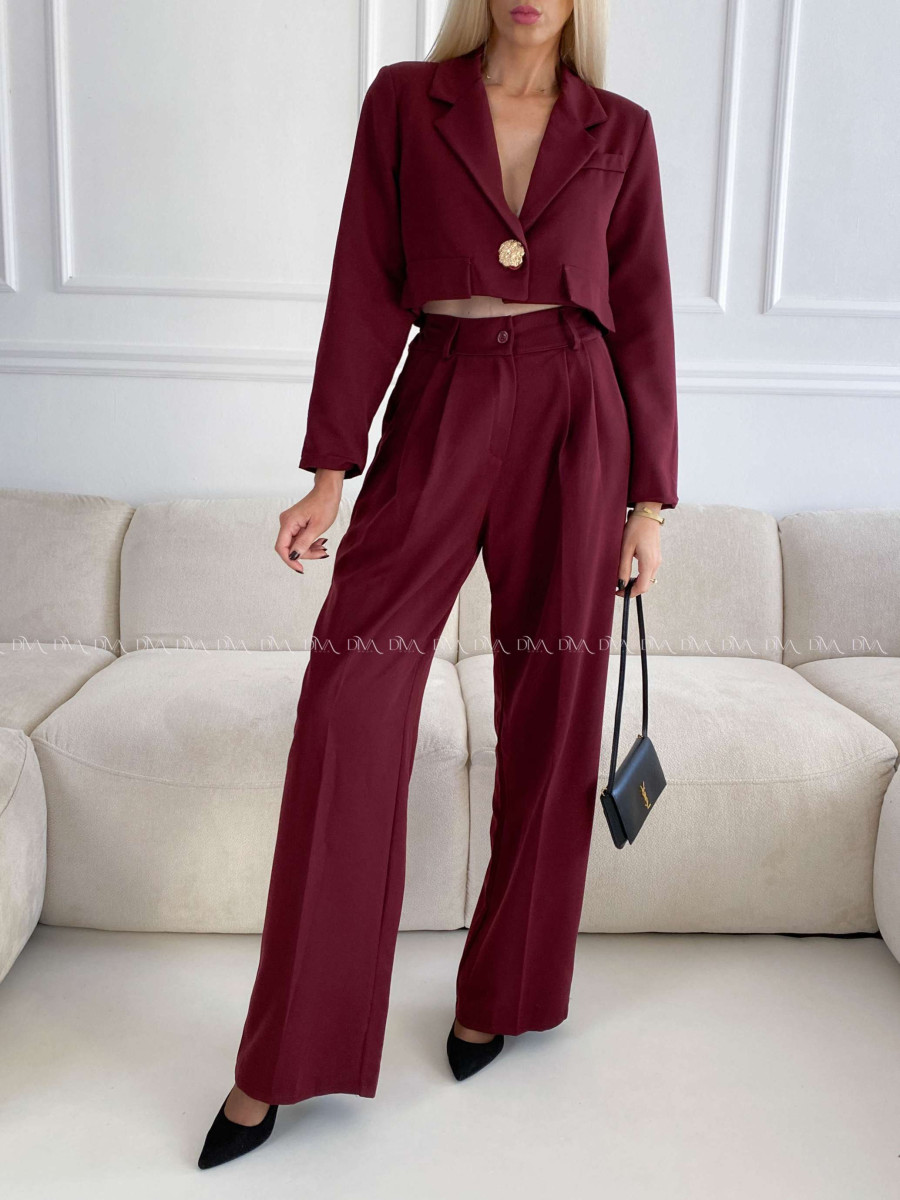 Komplet nohavice + crop sako burgundy A 112
