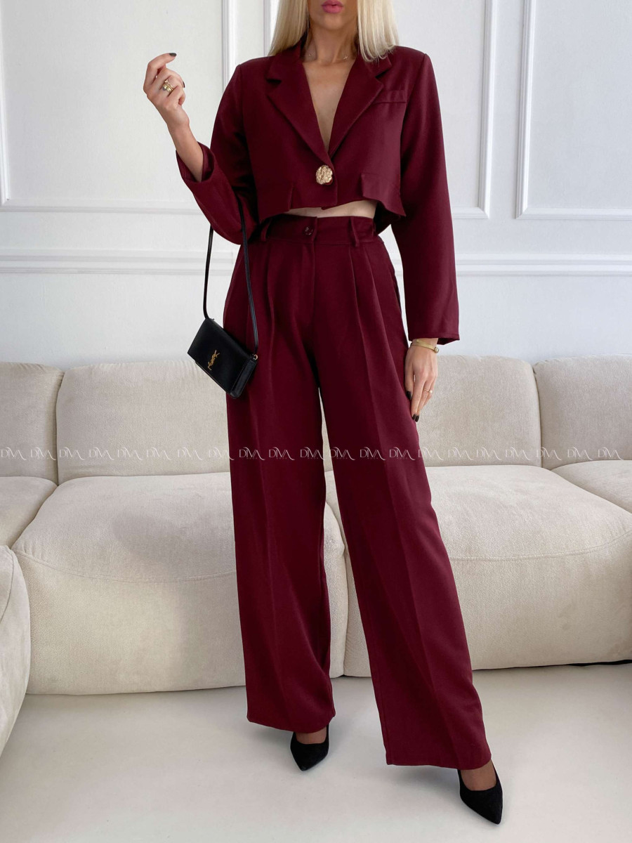 Komplet nohavice + crop sako burgundy A 112