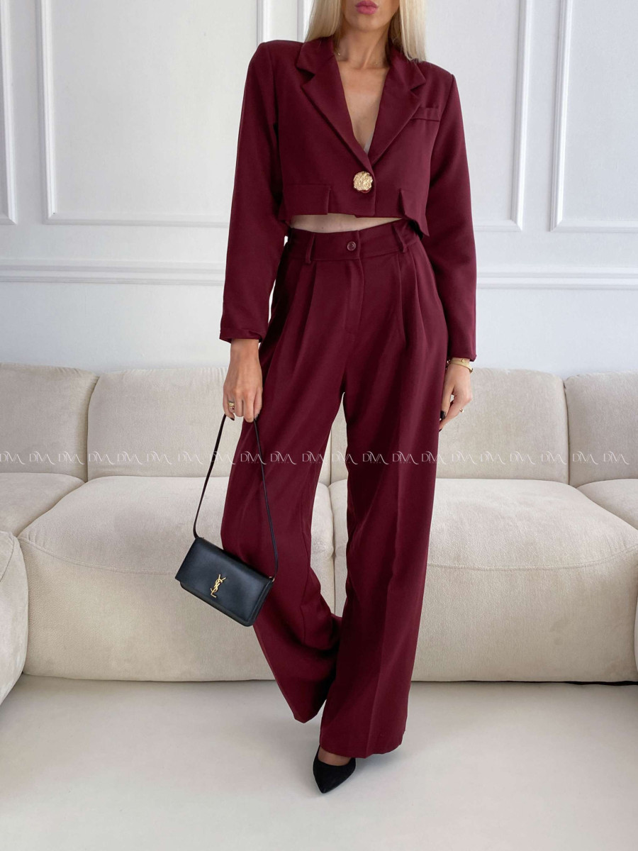 Komplet nohavice + crop sako burgundy A 112