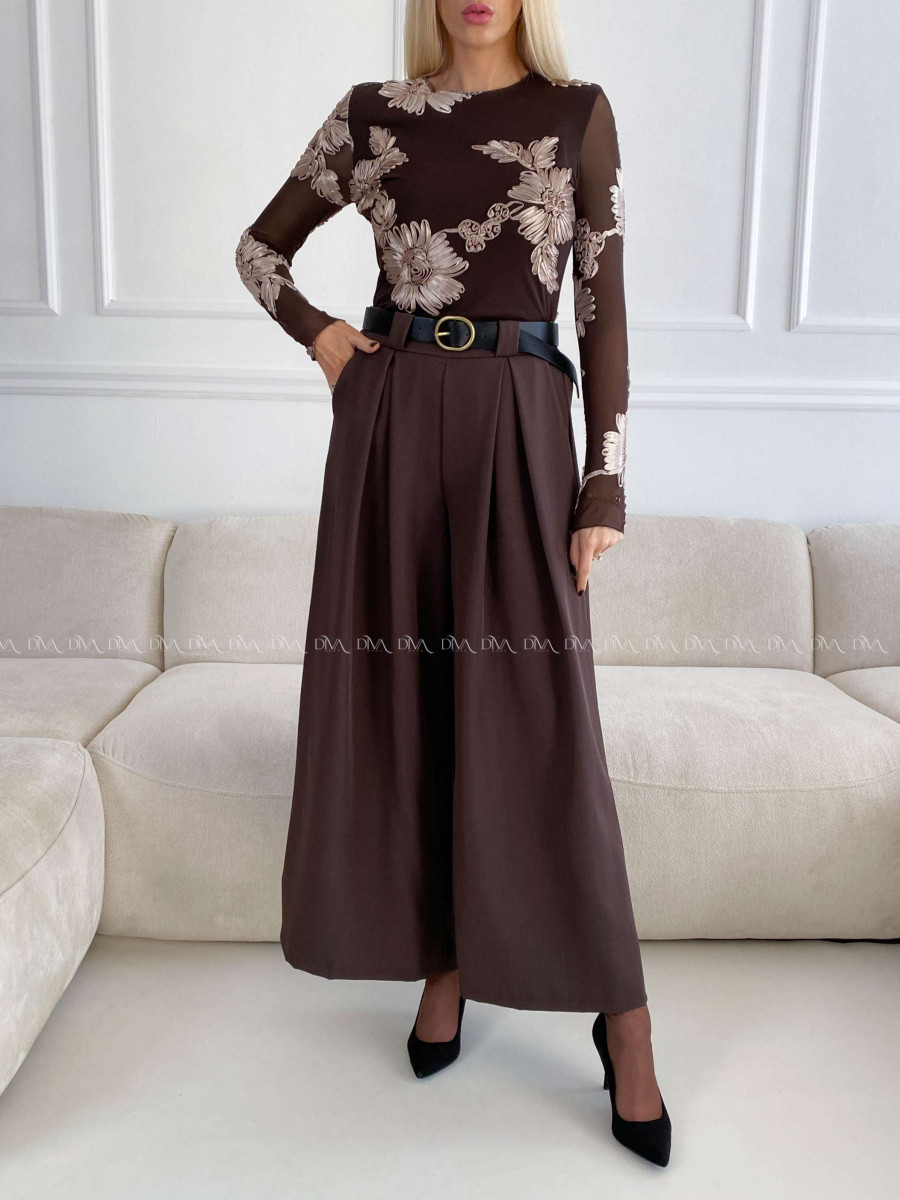 Široké nohavice s opaskom čokoládové A 115