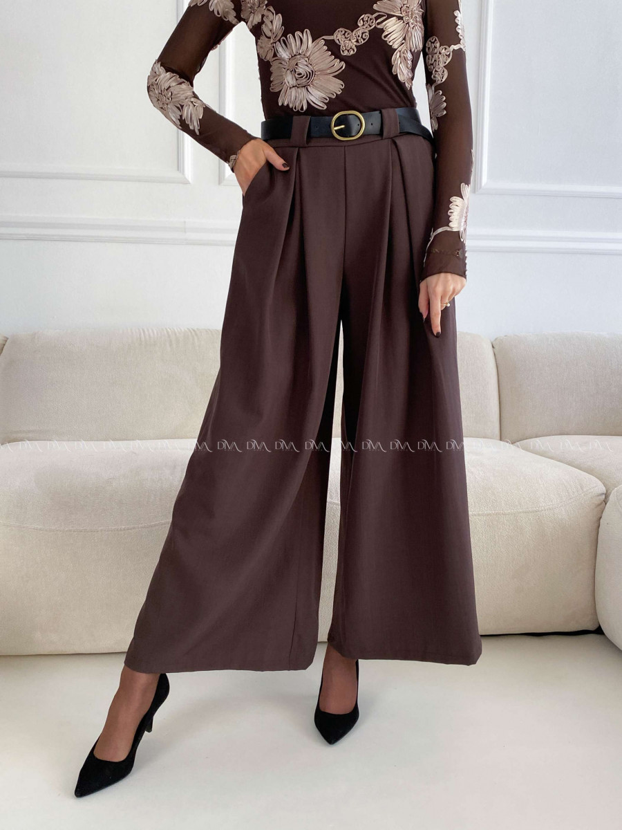 Široké nohavice s opaskom čokoládové A 115