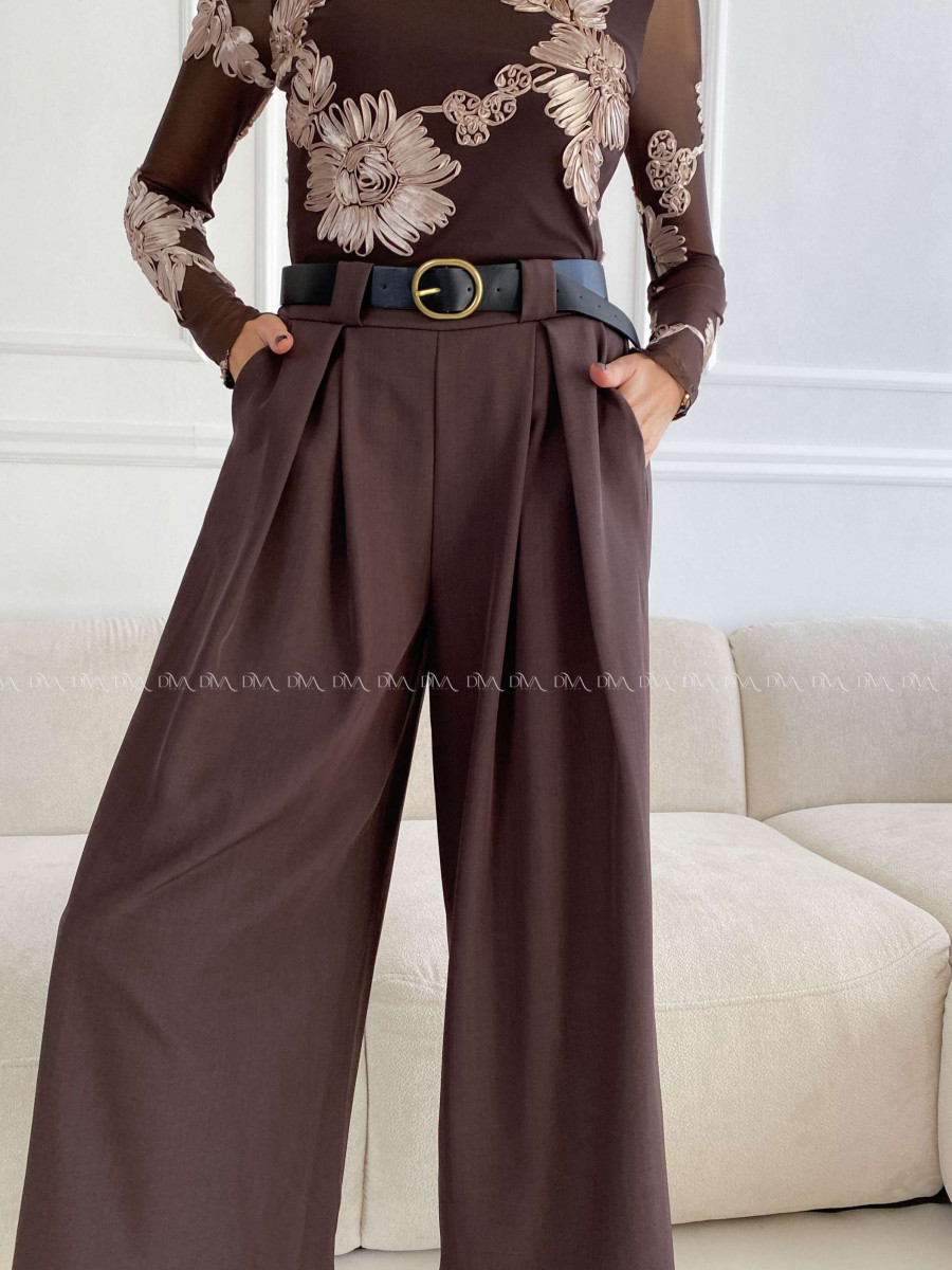 Široké nohavice s opaskom čokoládové A 115