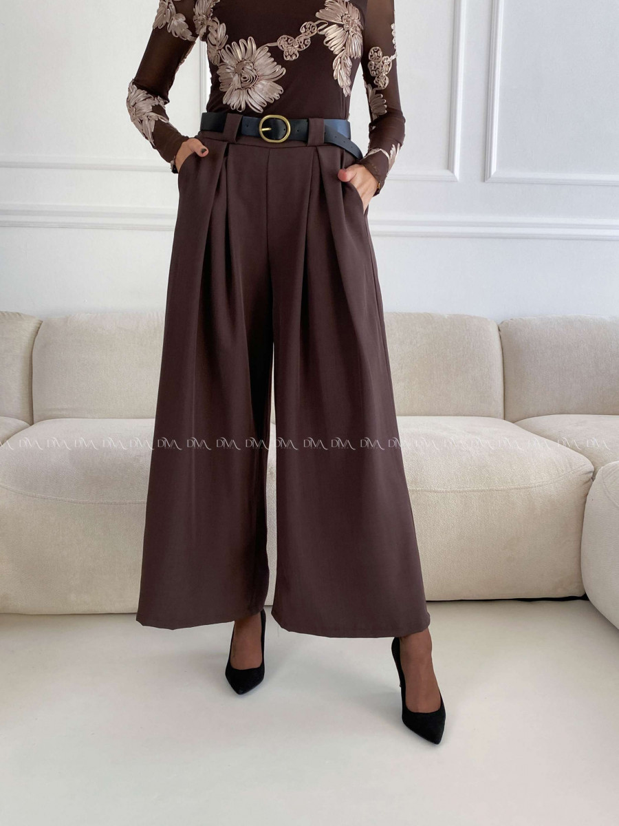 Široké nohavice s opaskom čokoládové A 115