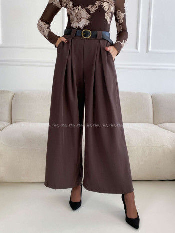Široké nohavice s opaskom čokoládové A 115