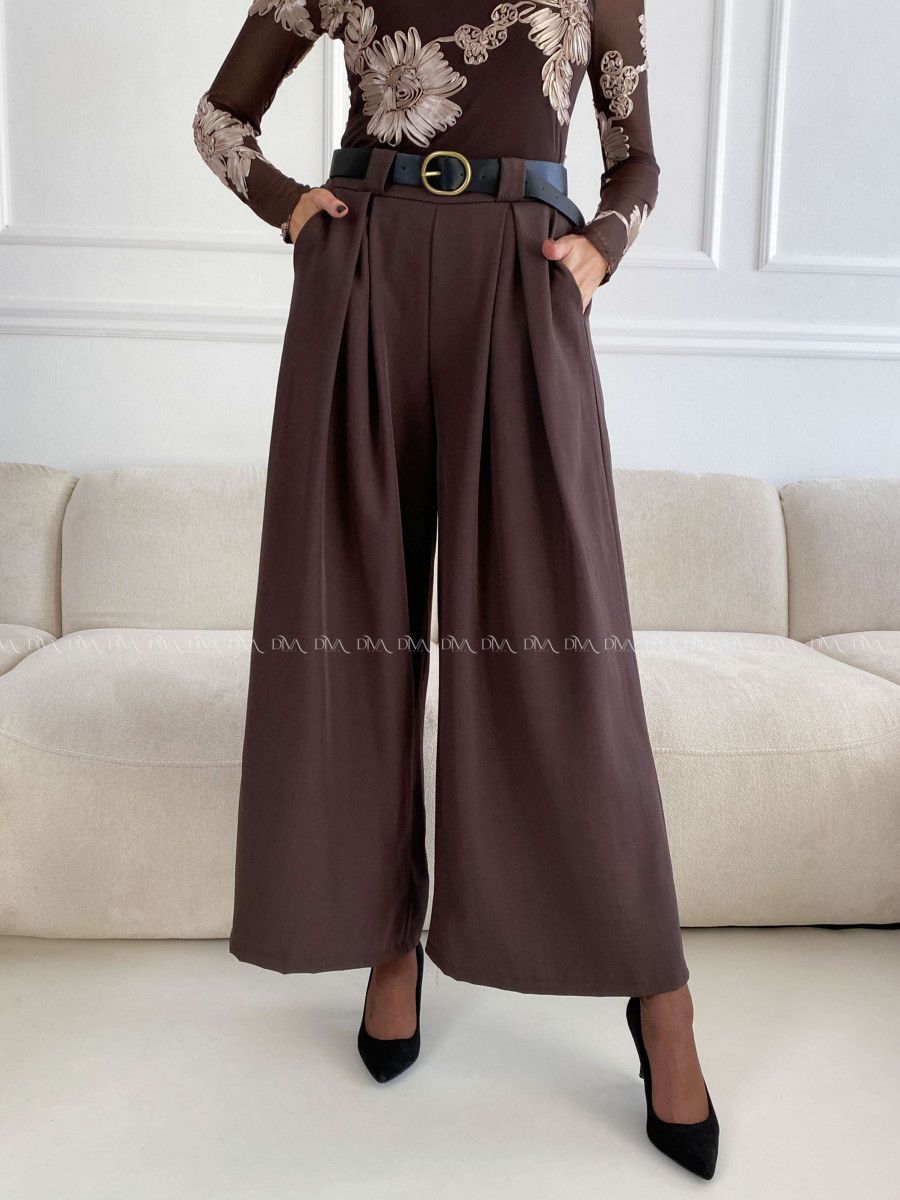 Široké nohavice s opaskom čokoládové A 115