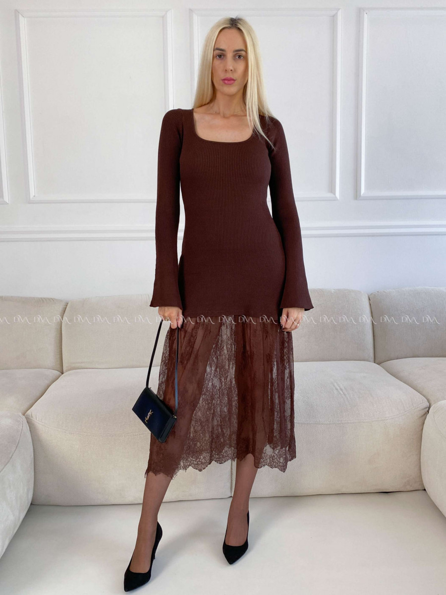Úpletové maxi šaty s krajkovanou sukňou čokoládové A 119