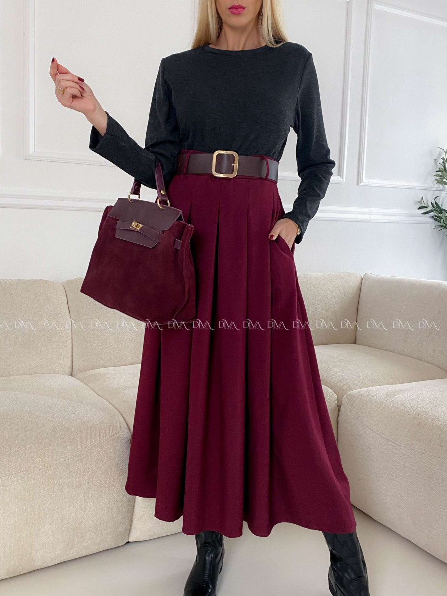 Kombinované maxi šaty s opaskom burgundy A 128