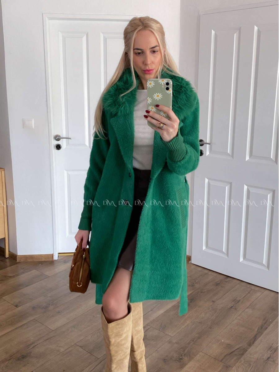 Alpaka kabát s kožušinou a opaskom trávovo zelený S 68