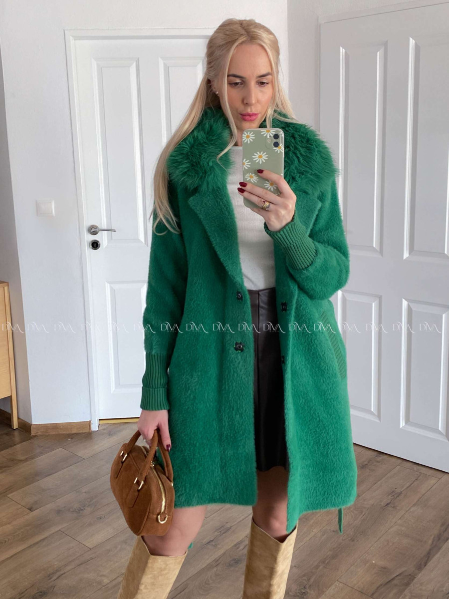 Alpaka kabát s kožušinou a opaskom trávovo zelený S 68