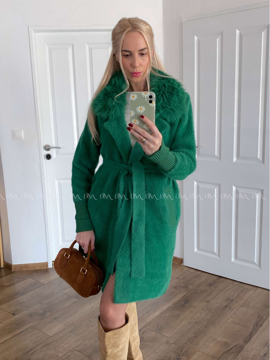 Alpaka kabát s kožušinou a opaskom trávovo zelený S 68