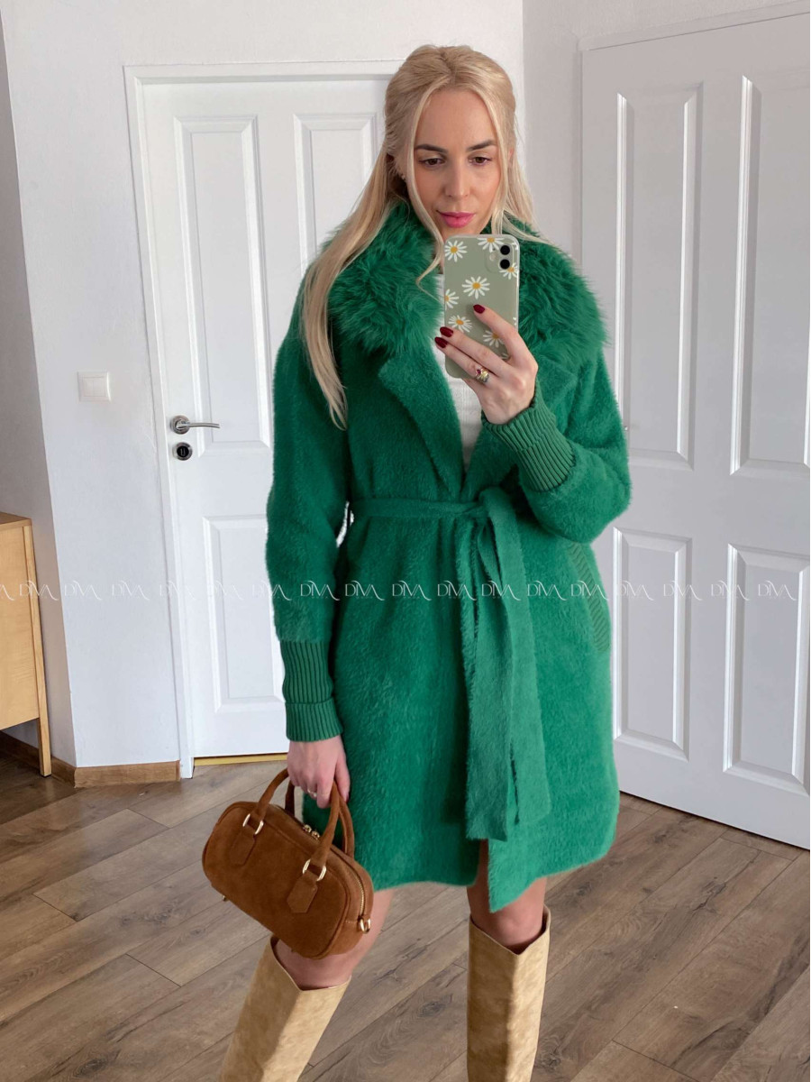 Alpaka kabát s kožušinou a opaskom trávovo zelený S 68