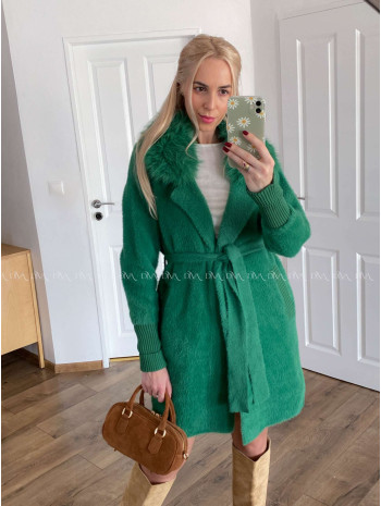 Alpaka kabát s kožušinou a opaskom trávovo zelený S 68