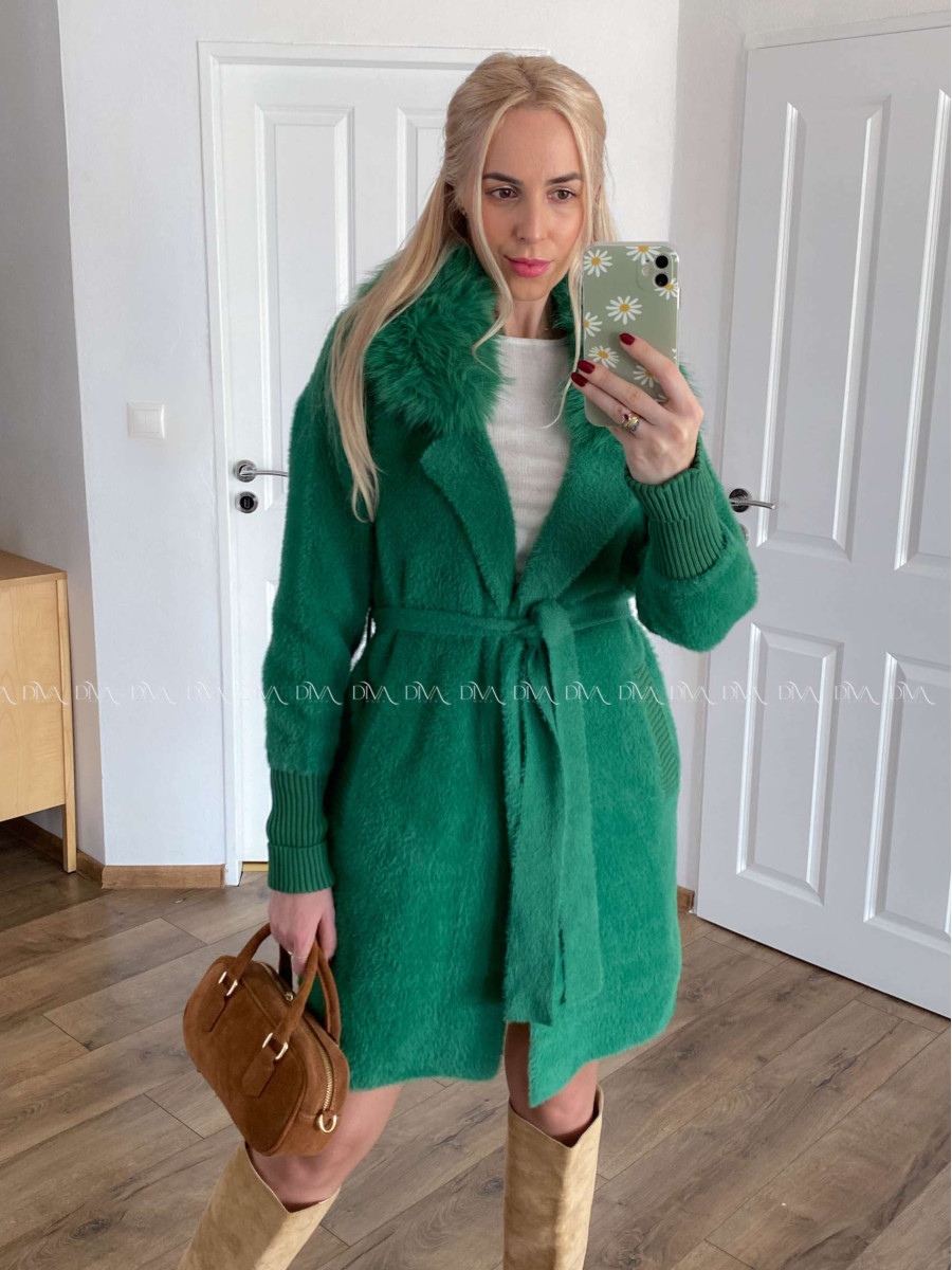 Alpaka kabát s kožušinou a opaskom trávovo zelený S 68