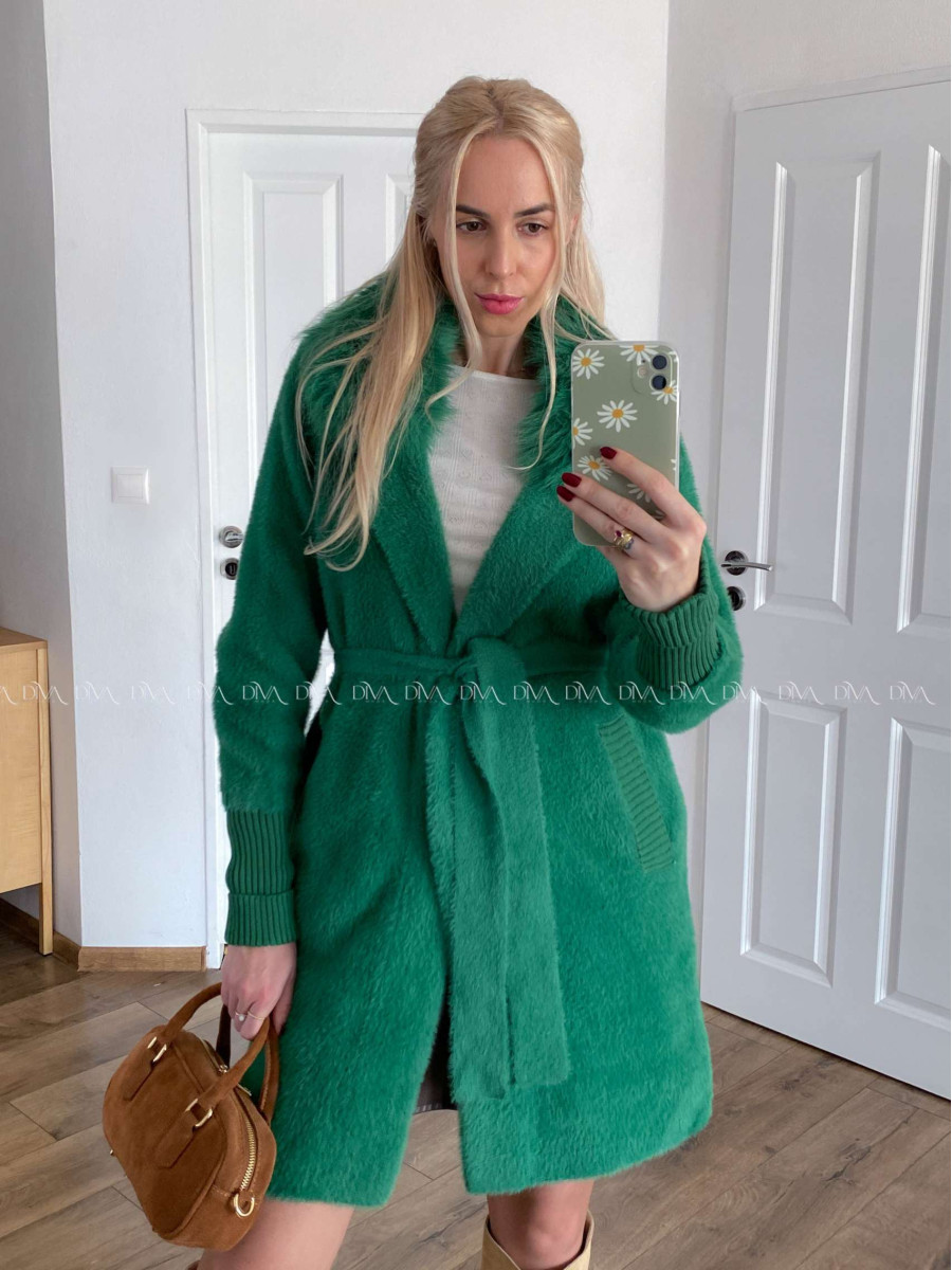 Alpaka kabát s kožušinou a opaskom trávovo zelený S 68