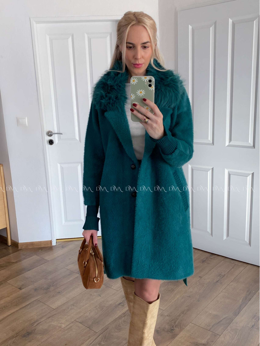 Alpaka kabát s kožušinou a opaskom prtrolejovo- smaragdový S 68