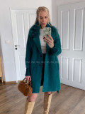 Alpaka kabát s kožušinou a opaskom prtrolejovo- smaragdový S 68