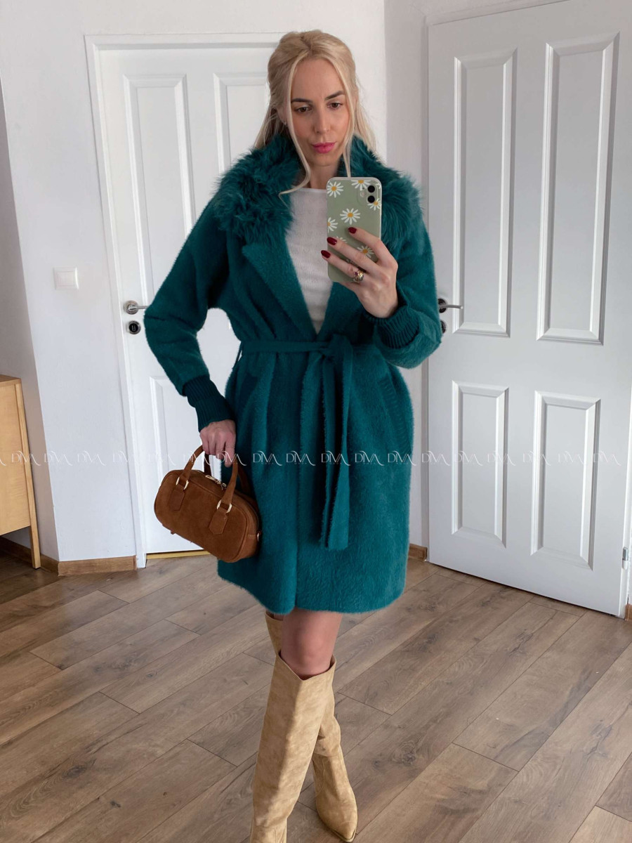 Alpaka kabát s kožušinou a opaskom prtrolejovo- smaragdový S 68