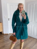 Alpaka kabát s kožušinou a opaskom prtrolejovo- smaragdový S 68