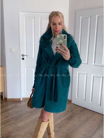 Alpaka kabát s kožušinou a opaskom prtrolejovo- smaragdový S 68