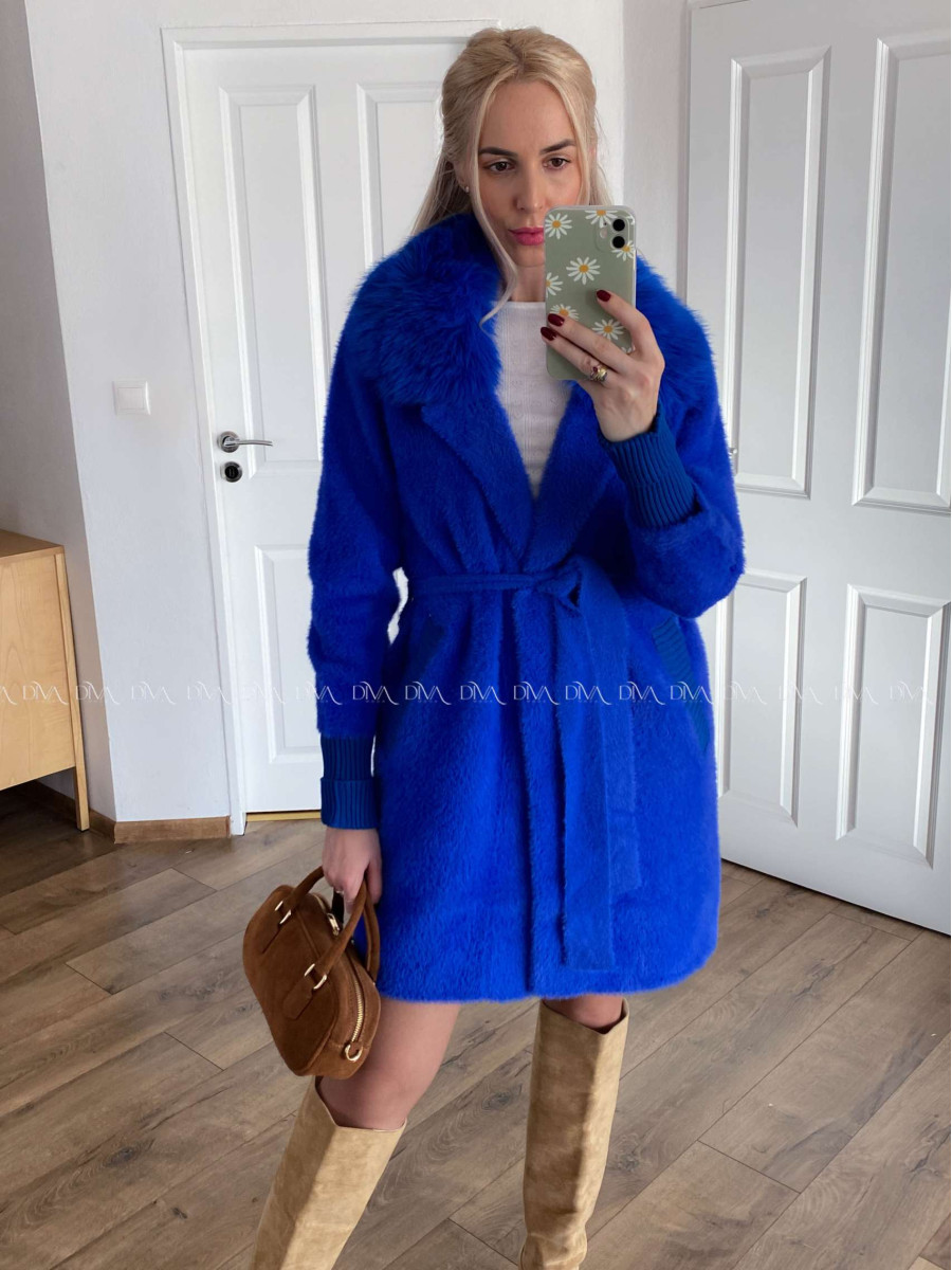 Alpaka kabát s kožušinou a opaskom kráľovská modrá S 68