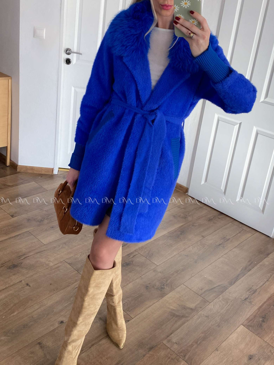 Alpaka kabát s kožušinou a opaskom kráľovská modrá S 68