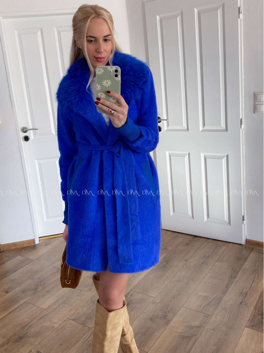 Alpaka kabát s kožušinou a opaskom kráľovská modrá S 68