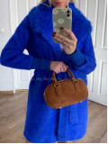 Alpaka kabát s kožušinou a opaskom kráľovská modrá S 68