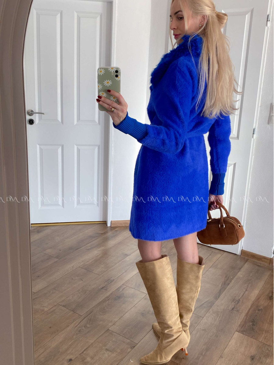 Alpaka kabát s kožušinou a opaskom kráľovská modrá S 68
