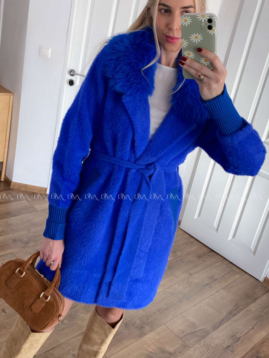 Alpaka kabát s kožušinou a opaskom kráľovská modrá S 68
