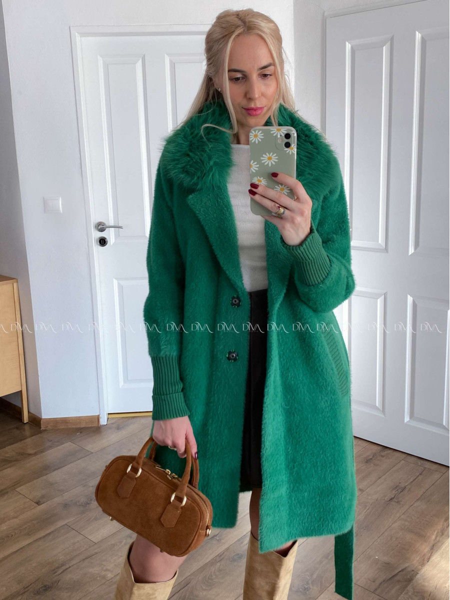 Alpaka kabát s kožušinou a opaskom trávovo zelený S 68