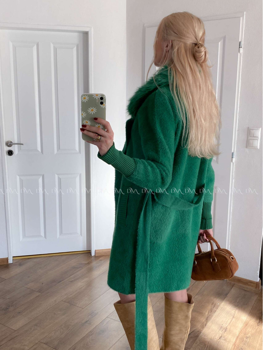 Alpaka kabát s kožušinou a opaskom trávovo zelený S 68