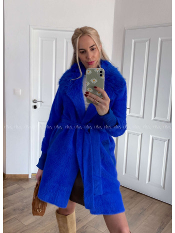 Alpaka kabát s kožušinou a opaskom kráľovská modrá S 68