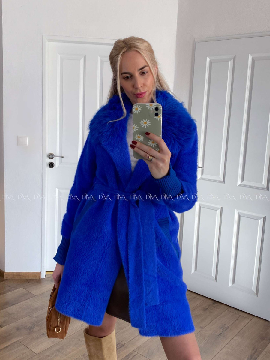 Alpaka kabát s kožušinou a opaskom kráľovská modrá S 68