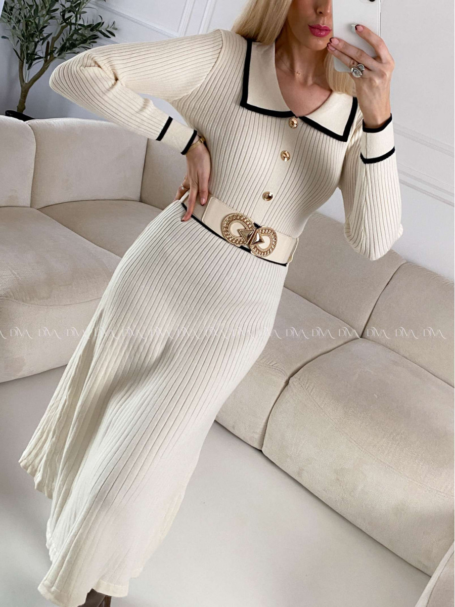 Úpletové midi šaty s golierom a opaskom smotanové A 145