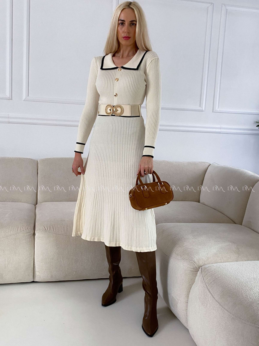 Úpletové midi šaty s golierom a opaskom smotanové A 145