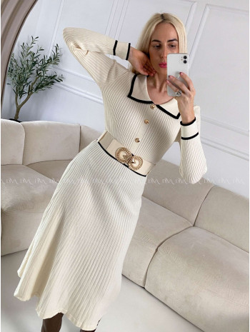 Úpletové midi šaty s golierom a opaskom smotanové A 145