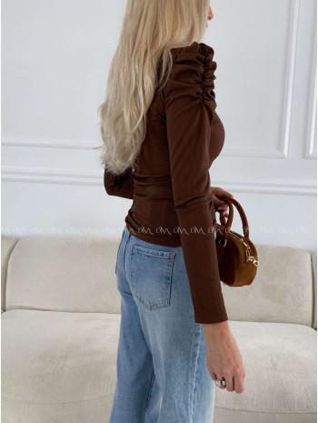 Rebrovaný top s naberanými rukávmi čokoládový Mirau A 139