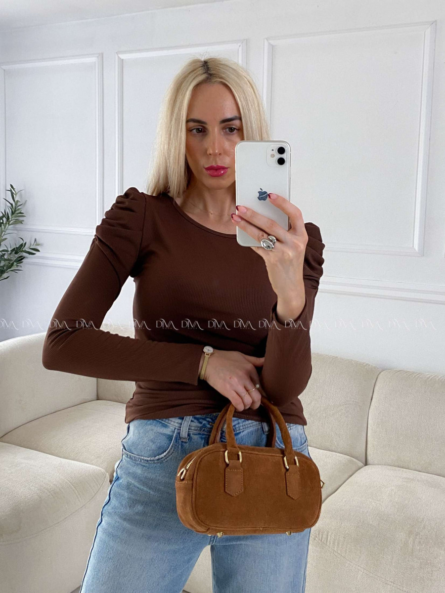 Rebrovaný top s naberanými rukávmi čokoládový Mirau A 139