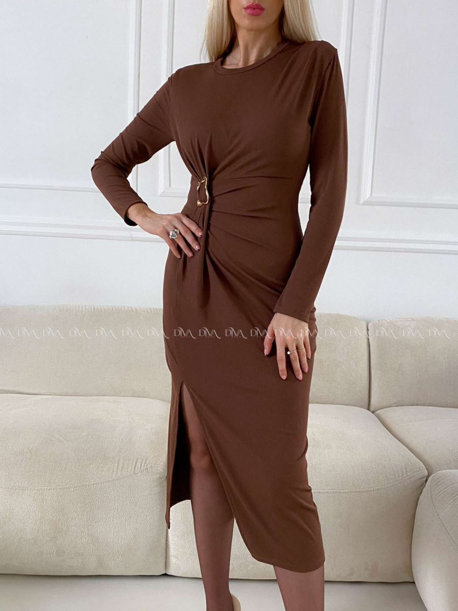 Rebrované midi šaty so sponou Tia hnedé A 140