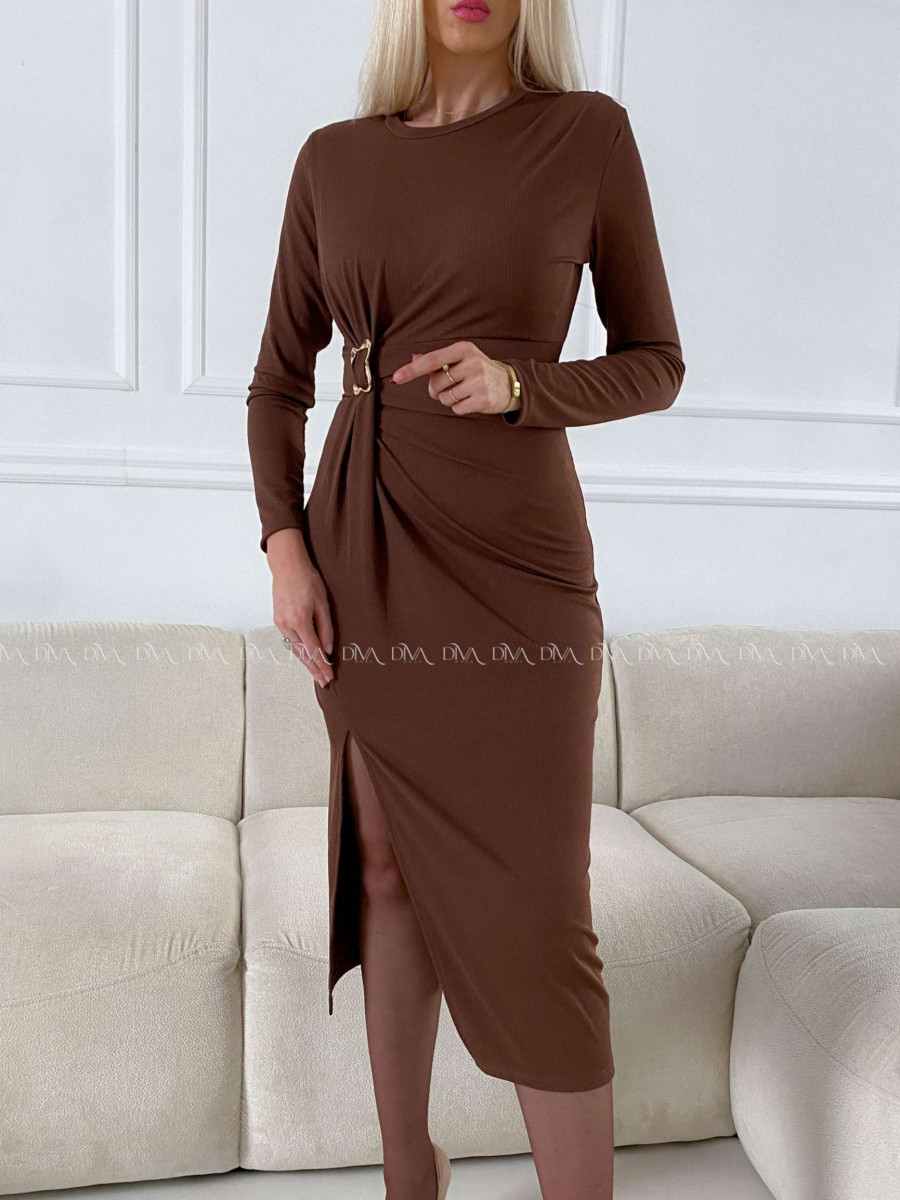 Rebrované midi šaty so sponou Tia hnedé A 140