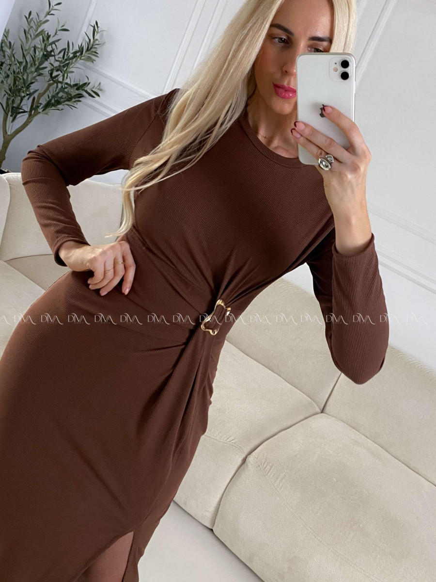 Rebrované midi šaty so sponou Tia hnedé A 140