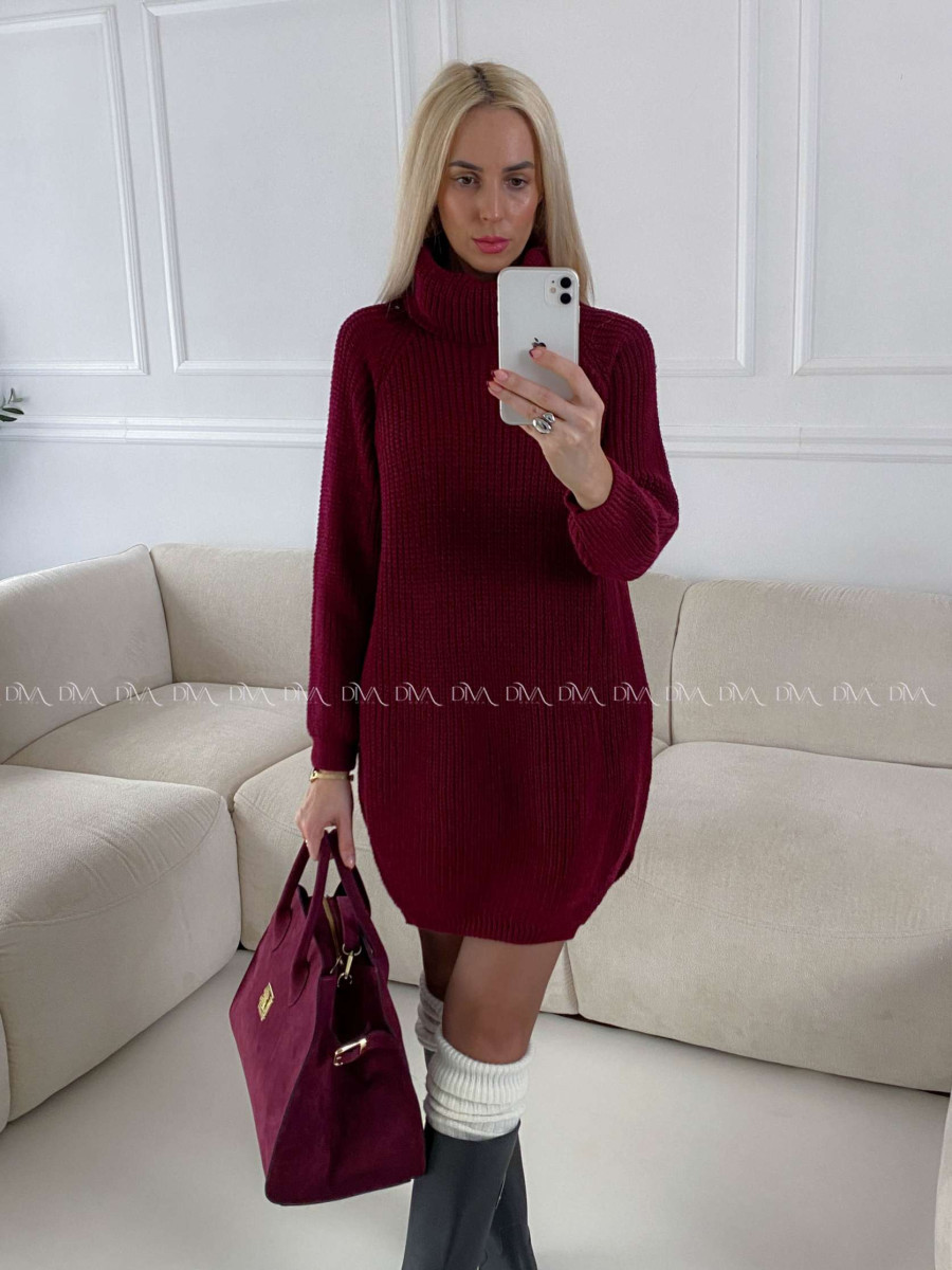 Pletený predĺžený rolák/ šaty burgundy V 2000