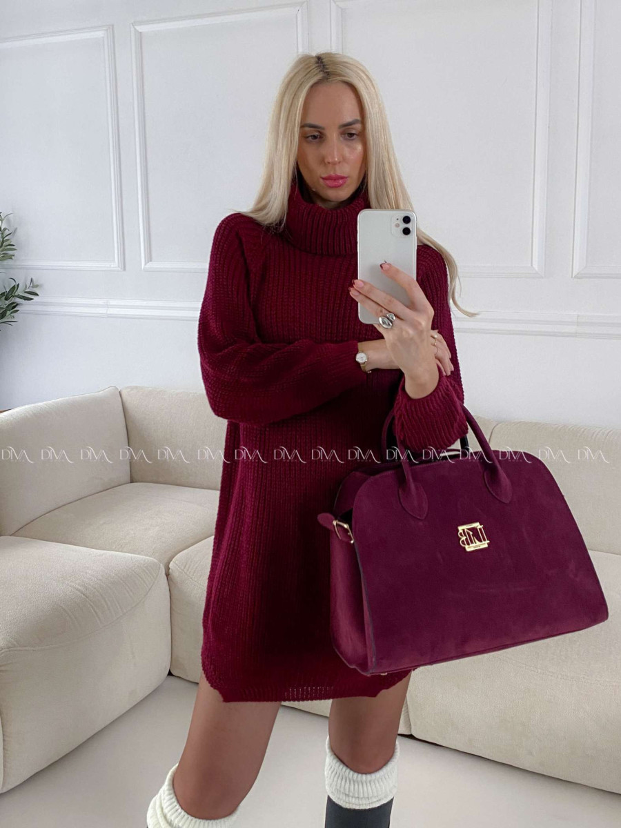 Pletený predĺžený rolák/ šaty burgundy V 2000